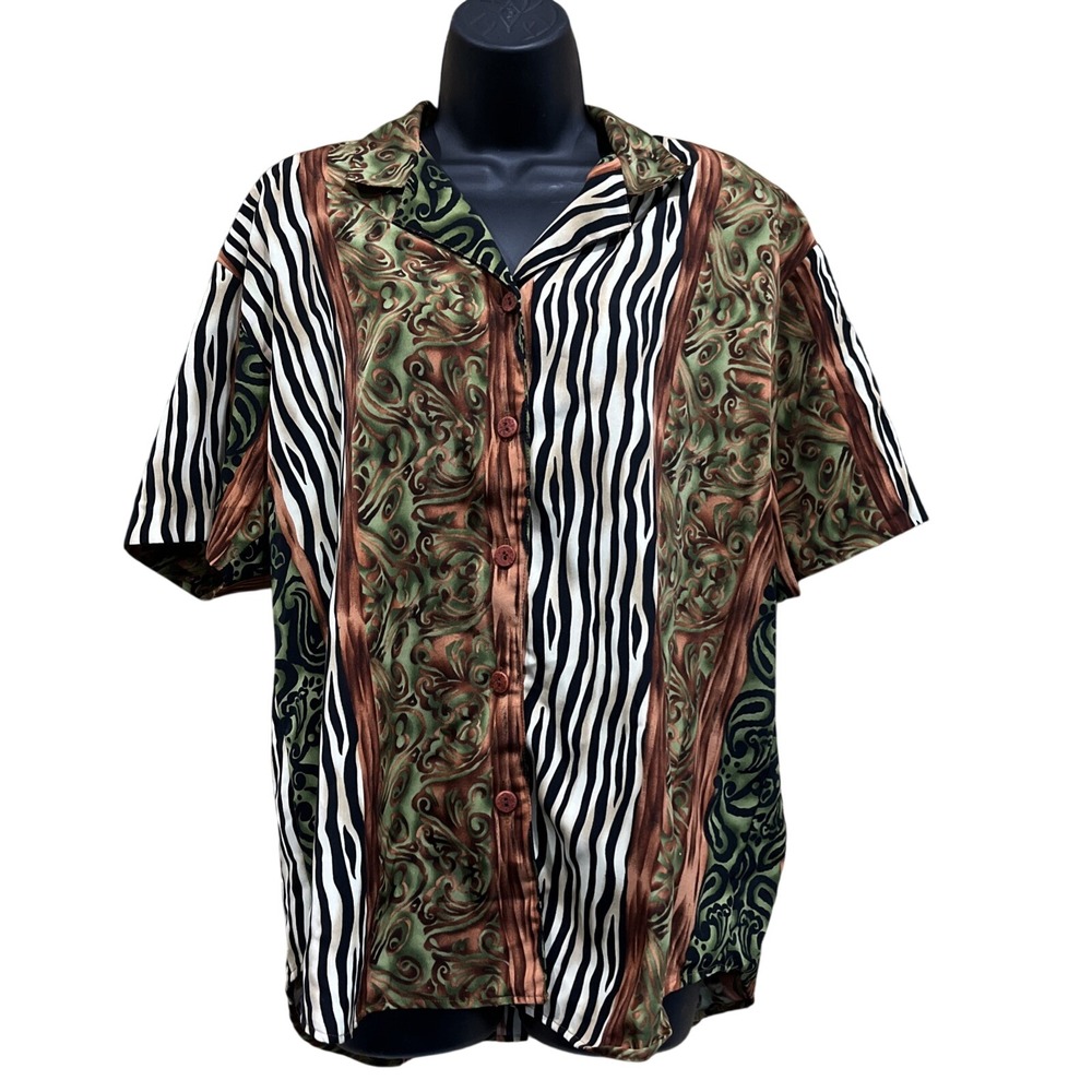Vintage Womens Button Front Shirt‎ Sz L Animal Mixed Print Retro Eclectic Safari
